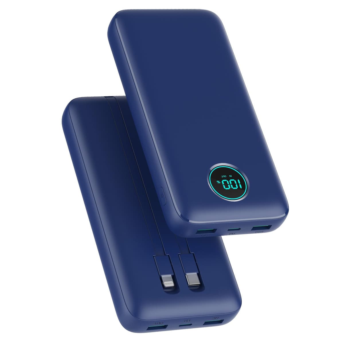 Power Bank 26800mAh con Cable, PD 25W QC4.0 Carga Rápida Batería Externa USB C, 5 Salidas Bateria Portatil con Pantalla LCD Cargador Portátil para iPhone 16/15/14, Samsung Huawei (Azul)