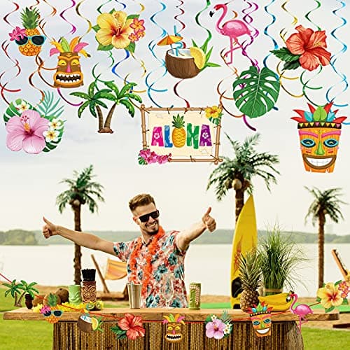 Outus 30 Pieces Hawaiian Luau Birthday Party Hanging Swirl Decorations, Flower Tropical Palm Flamingo Sign Foil Ceiling Decor for Floral Tropical Party Summer Beach Pool Tiki Supplies(Summer) — view 5