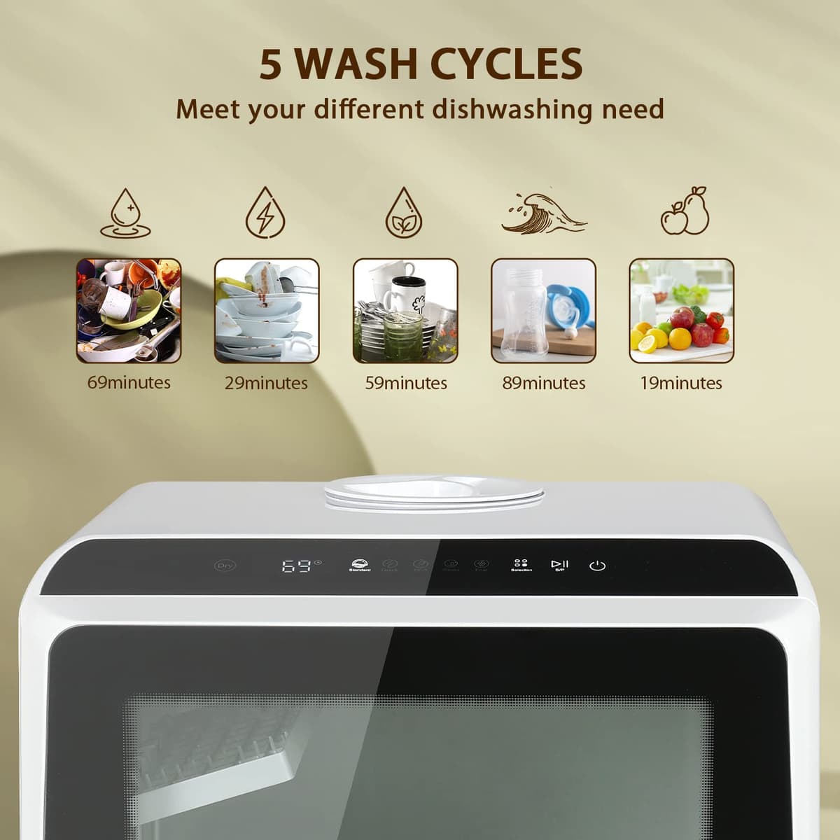 eklipt Table Top Dishwasher, Mini Countertop Dishwasher with 6 Programs, Built-in 5L Water Tank Dual Water Supply Modes with Touch Control, LED Display, Drying Cycle & Fruit Wash — view 2