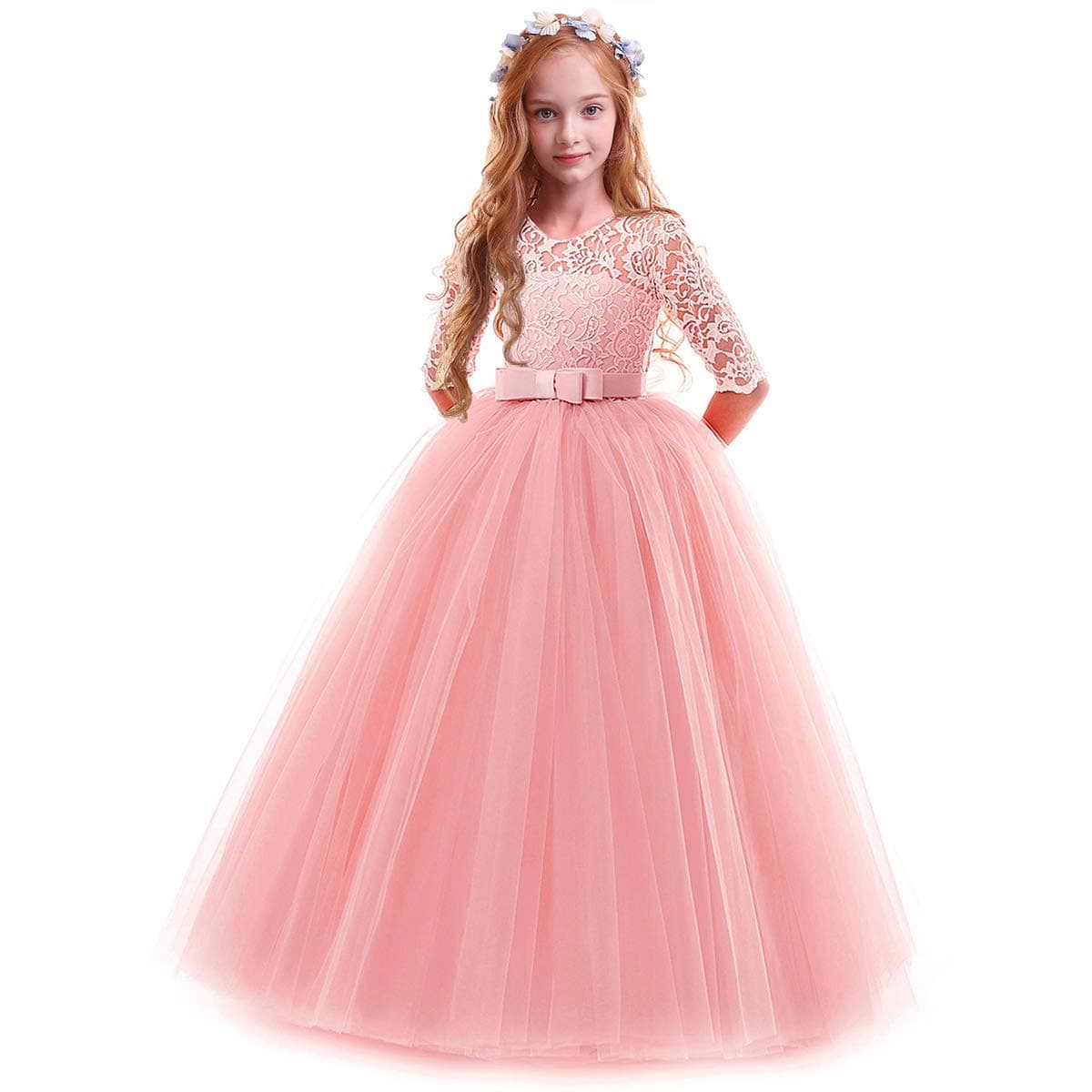 IWEMEK Flower Girls 3/4 Sleeve Floral Lace Tulle First Communion Pageant Dresses Kids Big Girls Princess Birthday Carnival Christmas Bridesmaid Wedding Party Prom Ball Gown 2-14 Years