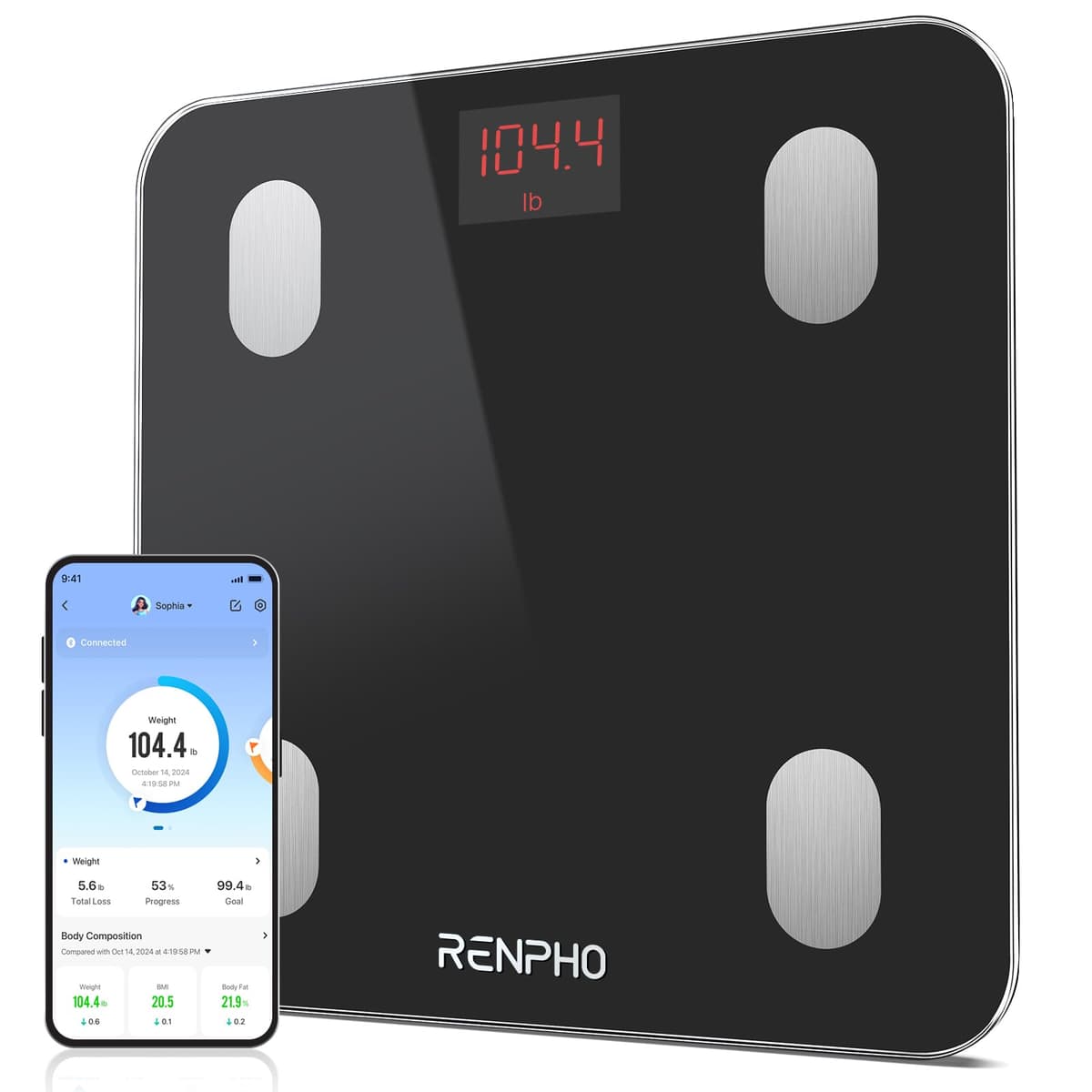 RENPHO Bascula de Baño Digital Grasa Corporal, Balanza Bluetooth Inteligente con App, Bascula Electrónica con Análisis Corporal, 13 Mediciónes de Peso IMC Visceral e Muscular, Negro, Elis 1