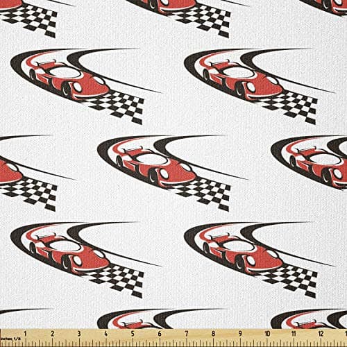 Ambesonne Cars Fabric by The Yard, Speeding Fast Red Race Car on a Formula Rally Near The Finishing Line Wining, Stretch Knit Fabric for Clothing Sewing and Arts Crafts, 1 Yard, Scarlet Black White