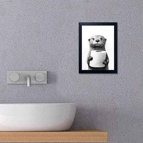 Bathroom Picture Wall Decor Black and White Framed Wall Art for Bathroom Toilet Paper in the Hand of a Little Funny Raccoon Canvas Print Painting — view 6
