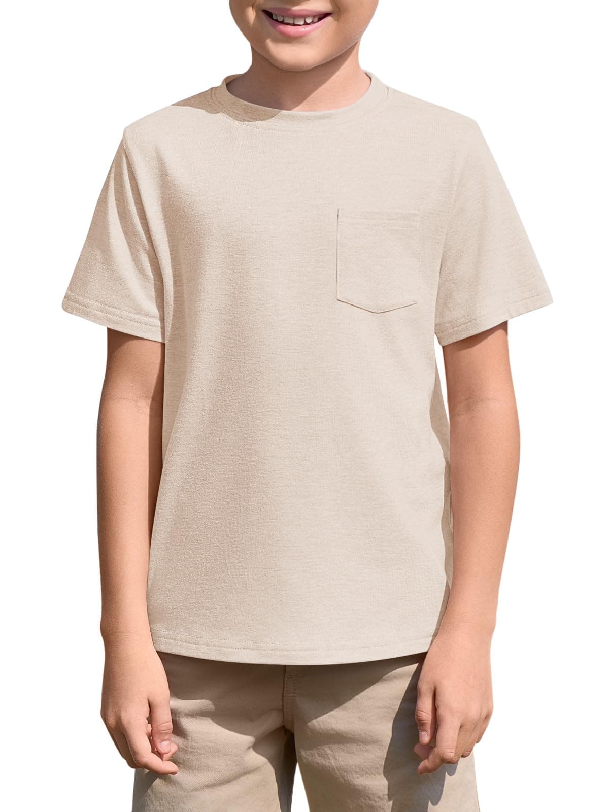 Haloumoning Camiseta de manga corta con cuello redondo para niños, para verano, lisa, ligera, ajuste regular, camisetas deportivas, informales, básicas, con bolsillo en el pecho, 5-14 años