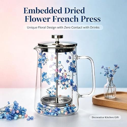 Briclis Glass French Press Coffee Maker 34oz, Embedded Dried Flower Double Wall Borosilicate Coffee Press, No Plastic, 4-Level Stainless Steel Filter for Tea & Cold Brew, Cute Decorative Design — view 4