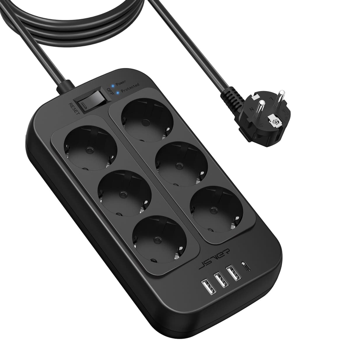 JSVER Regleta Enchufes USB, Proteccion Sobretension con 8 Toma de Corriente y 4 Puertos(5V3,4A) Estación de Carga Inteligente Tomas Alargadora con Cable 1.8m-Negro — view 21