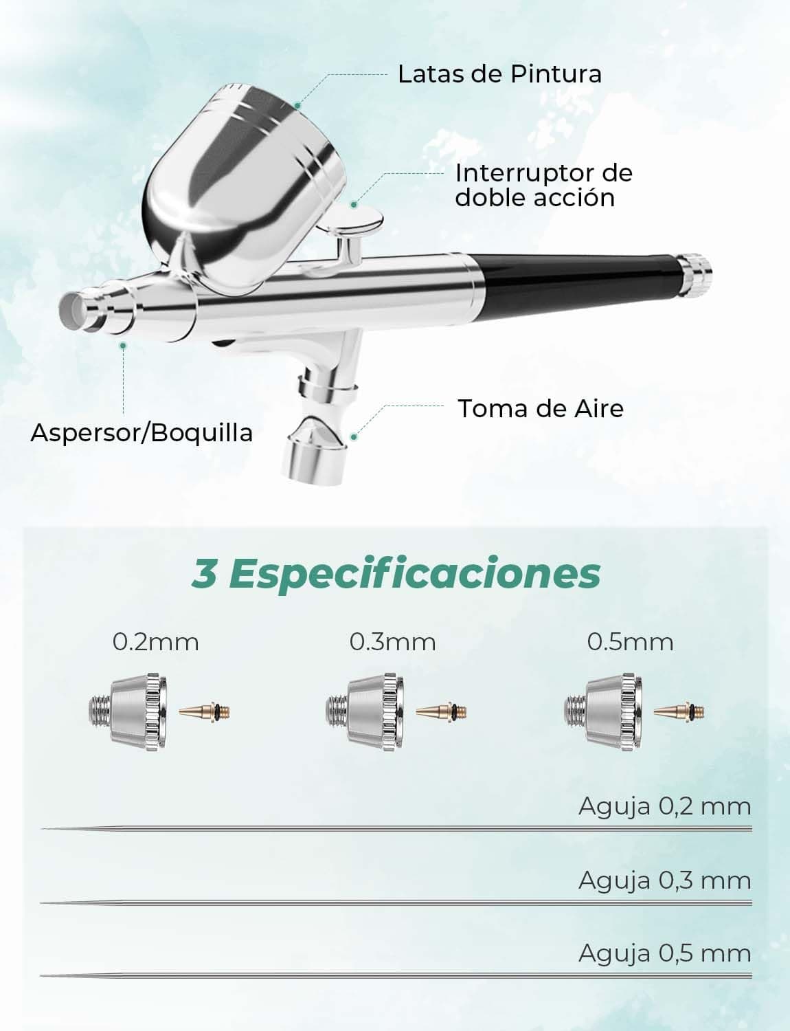 Oasser Kit Aerógrafo con Compresor Profesional Airbrush 36PSI Doble Acción Juego Pistola Regulación Voltaje Continua Modelos Decoración Tartas Uñas — view 4