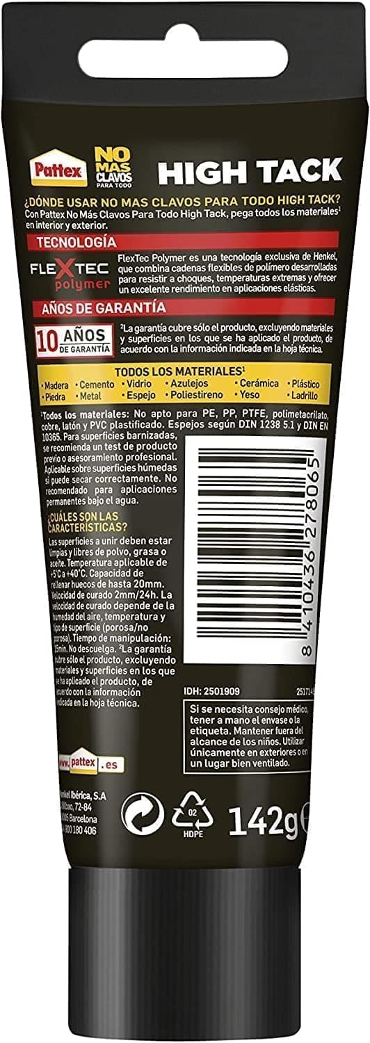Pattex No Más Clavos Para Todo HighTack, adhesivo de montaje resistente a temperaturas extremas, pegamento fuerte en superficies húmedas, adhesivo blanco, 1 tubo x 142 g — view 3