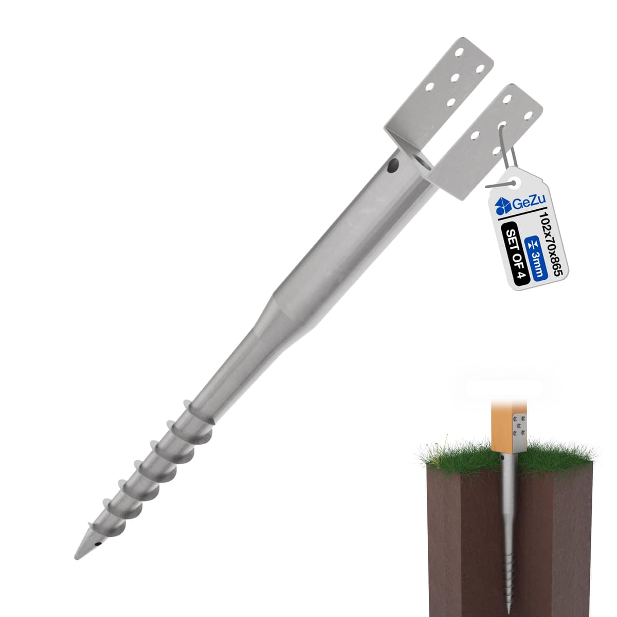 GeZu Impex Ground Screw 102 x 102 x 865 mm Hot Dip Galvanised Set of 4 Single Screw Floor Sleeves, Pole, Support Legs