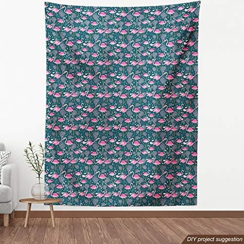 Ambesonne Flamingos Fabric by The Yard, Exotic Bird Pattern with Flowers Hearts and Raindrops Tropical, Decorative Fabric for Upholstery and Home Accents, 1 Yard, Green and Pink — view 3