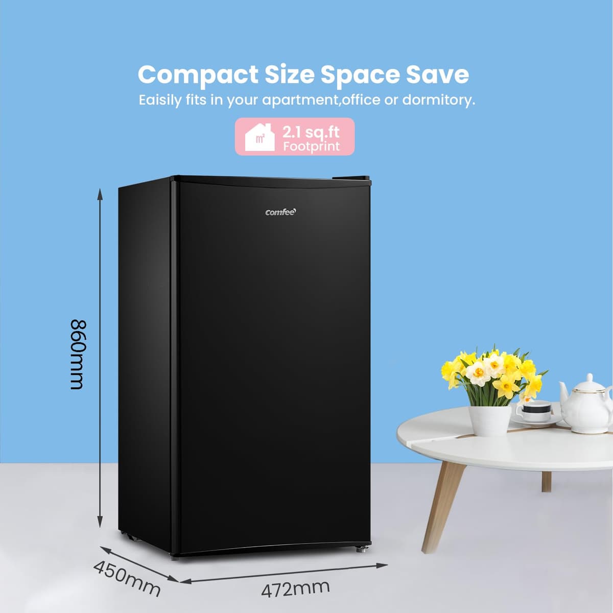 COMFEE' RCD93BL2(E) Under Counter Fridge, 93L Freestanding Refrigerator with Cooler Box, Adjustable Thermostat, Reversible Door, Removable Glass Shelves, Interior Light, Black — view 2