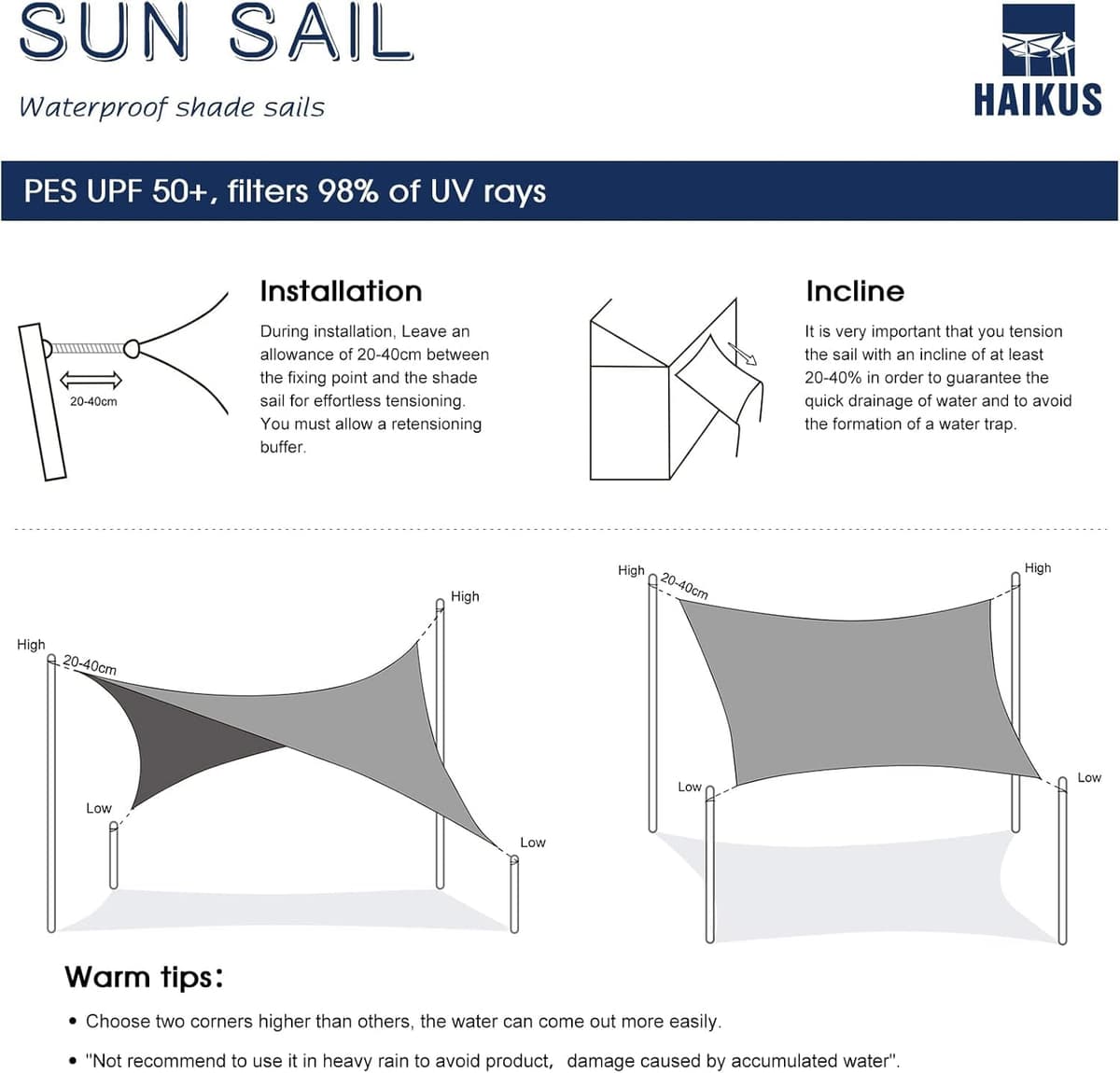 HAIKUS Toldo Vela de Sombra Impermeable Rectangular 4x5m Protección UV PES, Toldos para Patio Exterior Jardín Terraza - Gris — view 8
