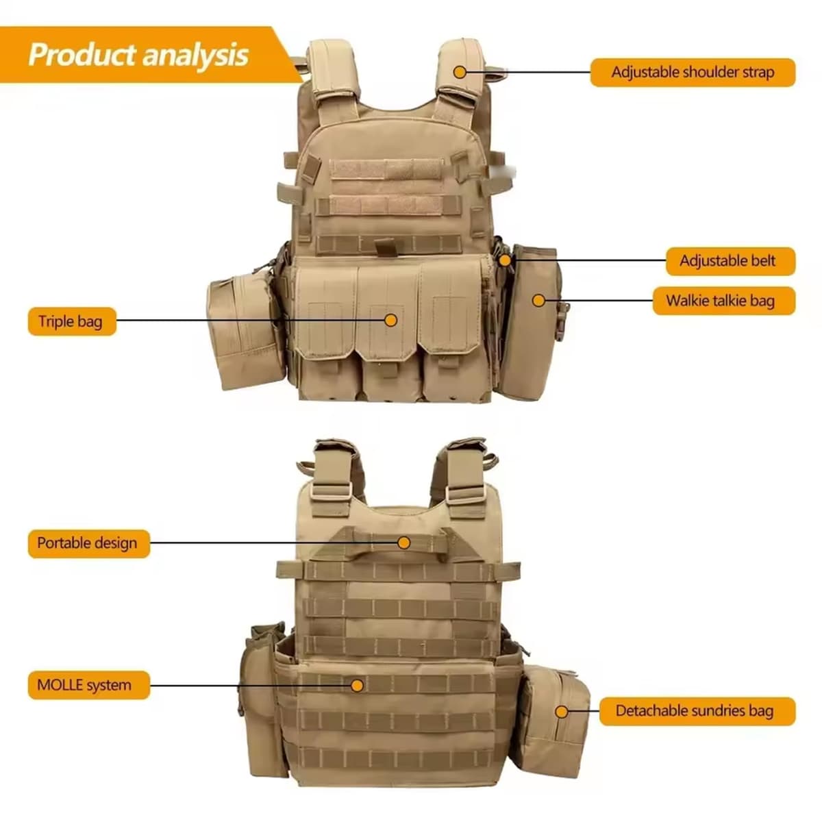 Chaleco Airsoft Portador de Placa Molle Multifuncional Chaleco de Paintball Transpirable Ajustable para Entrenamiento de Guardias de Seguridad Campo y Exteriores — view 3