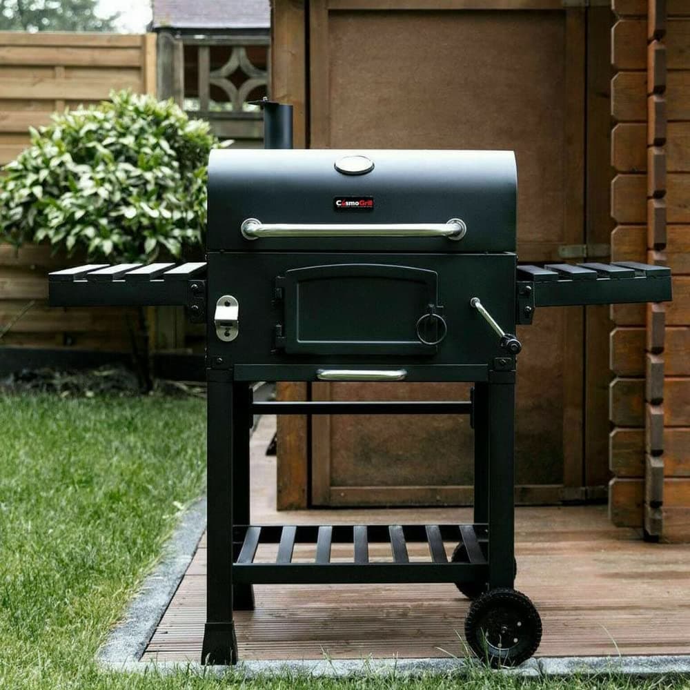 CosmoGrill Outdoor XL Smoker Barbecue Charcoal Portable BBQ Grill, 2 Folding Side Table, Built-in Thermometer, Adjustable Charcoal Pan & Chimney, Wheels, Large Coal BBQ Smoker for Home Garden Cooking — view 2