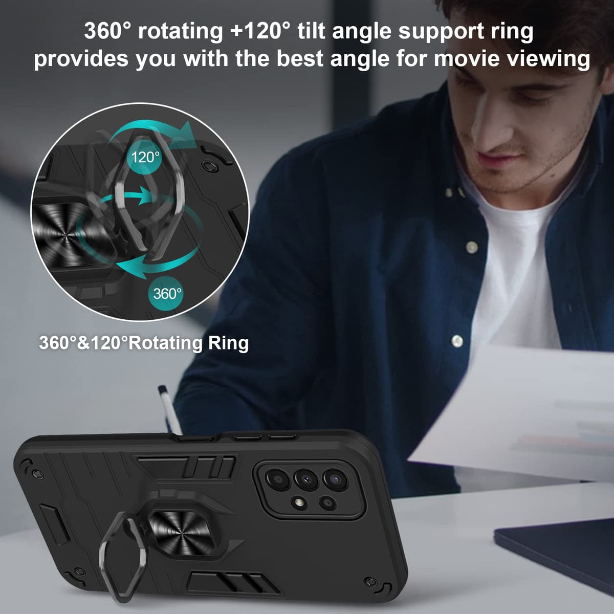 Funda para Samsung Galaxy A13 4G con Cristal Templado Protector Pantalla, Carcasa Antigolpes con Soporte anular metálico, Case Protectora de Grado Militar, Negro — view 2