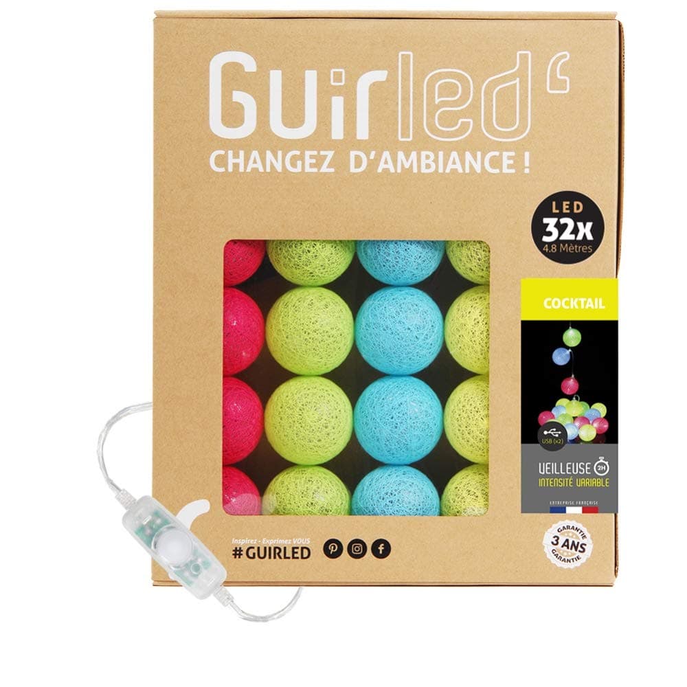 GuirLED - Guirnalda luminosa bolas de algodón LED USB- Luz de noche para bebé 2h - Adaptador de corriente dual USB 2A incluido - 3 intensidades - 16 bolas 1,6m - Byzantin — view 73