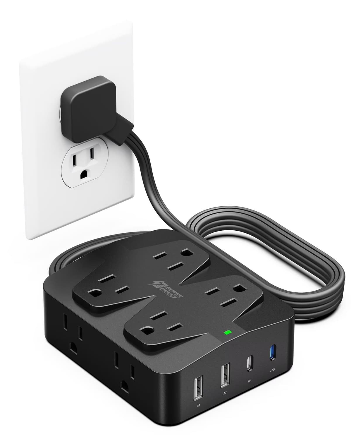 35W Fast Charging Power Strip, SUPERDANNY 6ft Flat Plug Extension Cord (13A/1625W) with 8 Wide Outlets & 4 USB Ports, Wall Mountable, 1050J Surge Protector Charging Station for Home Office Dorm Black 6.0FT