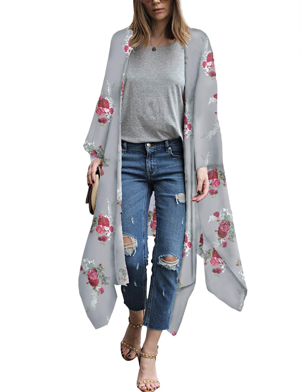 MayBuy Women's Summer Long Flowy Kimono Cardigans Boho Chiffon Floral Beach Cover Up Tops — view 8