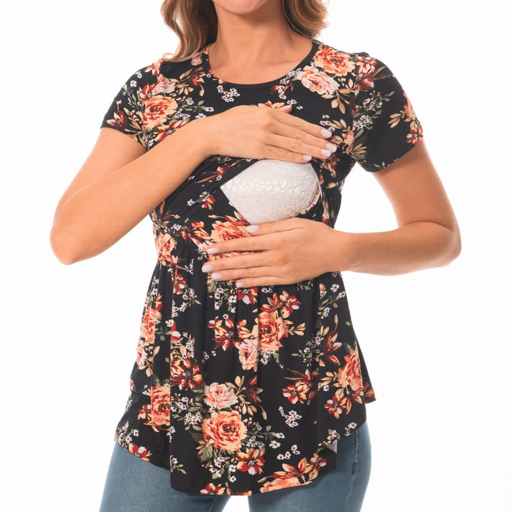 Bearsland Women's Nursing Tops Short Sleeve Scoop Neck Breastfeeding Shirt Maternity Clothes — view 3