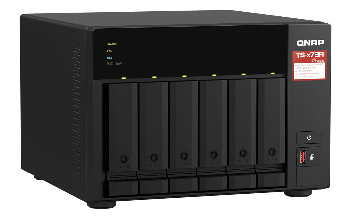 QNAP TS-x73A-8G + QSW-1105-5T bundle: AMD Ryzen 2.2 GHz quad-core 2.5GbE NAS with M.2 NVMe SSD support and PCIe expansion for 10GbE, paired with a 2.5G switch (TS-673A-SW5T) — view 2