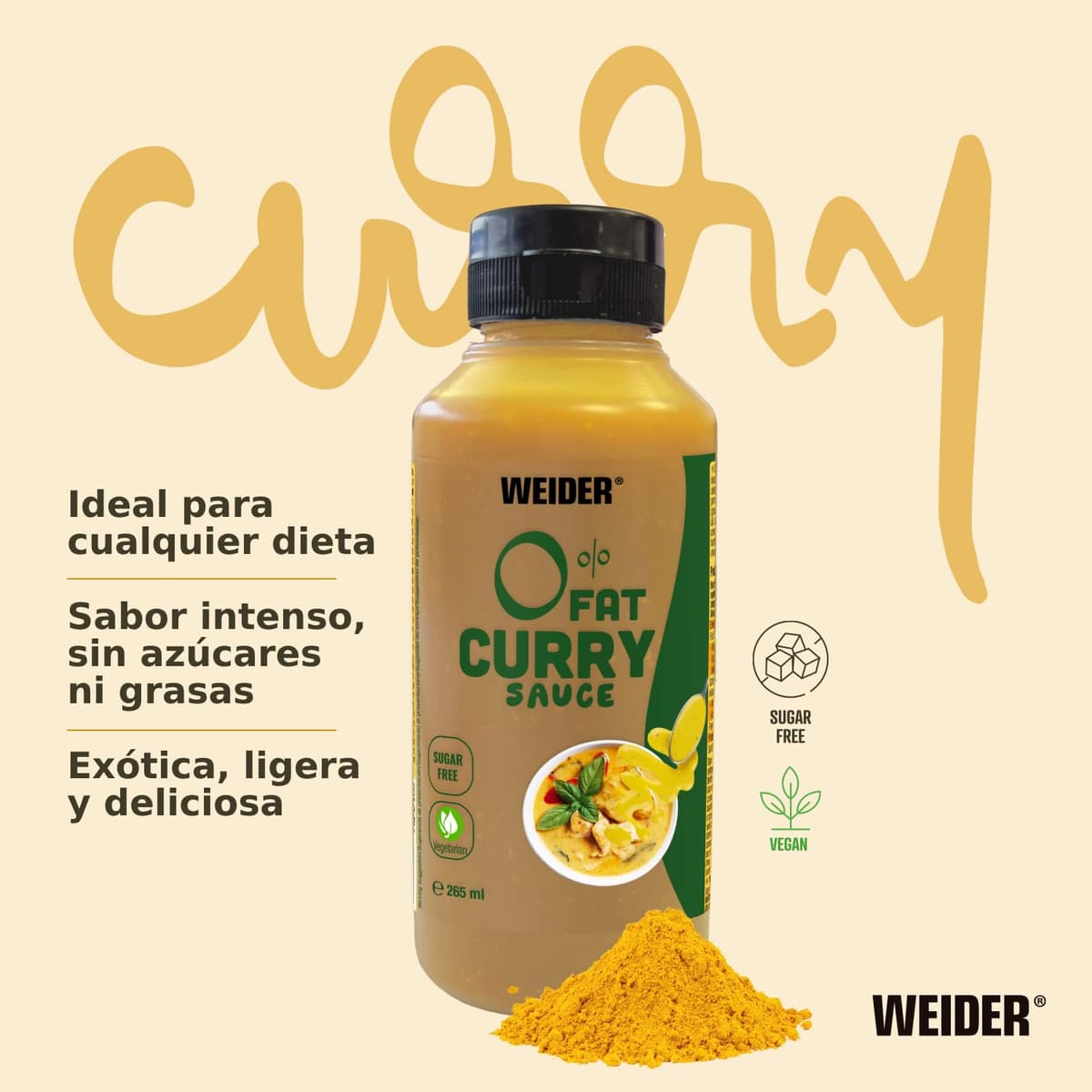 Weider Gourmet 0% Fat Curry Sauce (265 ml). Salsa Curry 0% Grasas, 0% Azúcar. Bajo en Calorias. Nueva Receta Mejorada. Ideal para dar sabor a tus platos. — view 2