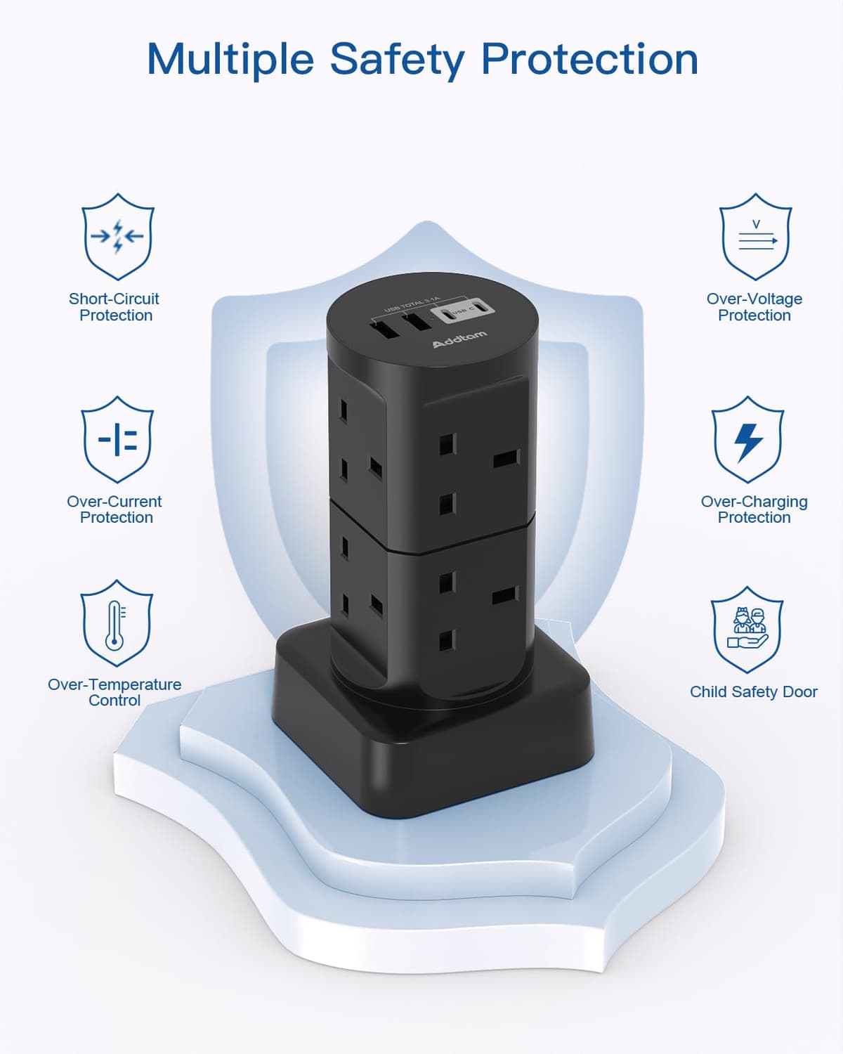 Tower Extension Lead with USB Slots, (13A 3250W), 8 Way Multi Plug Extension Tower & 4 USB Ports (2 Type C), 1.8M Extension Cable, Extension Lead tower for Home Office School Supplies (Black) — view 5