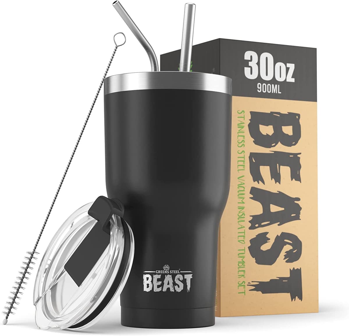 Greens Steel Beast Tumbler – 900 ml (30 oz), Negro Mate | Vaso de acero inoxidable reutilizable con aislamiento al vacío | con 2 pajitas y cepillo de limpieza | Termo de viaje de doble pared