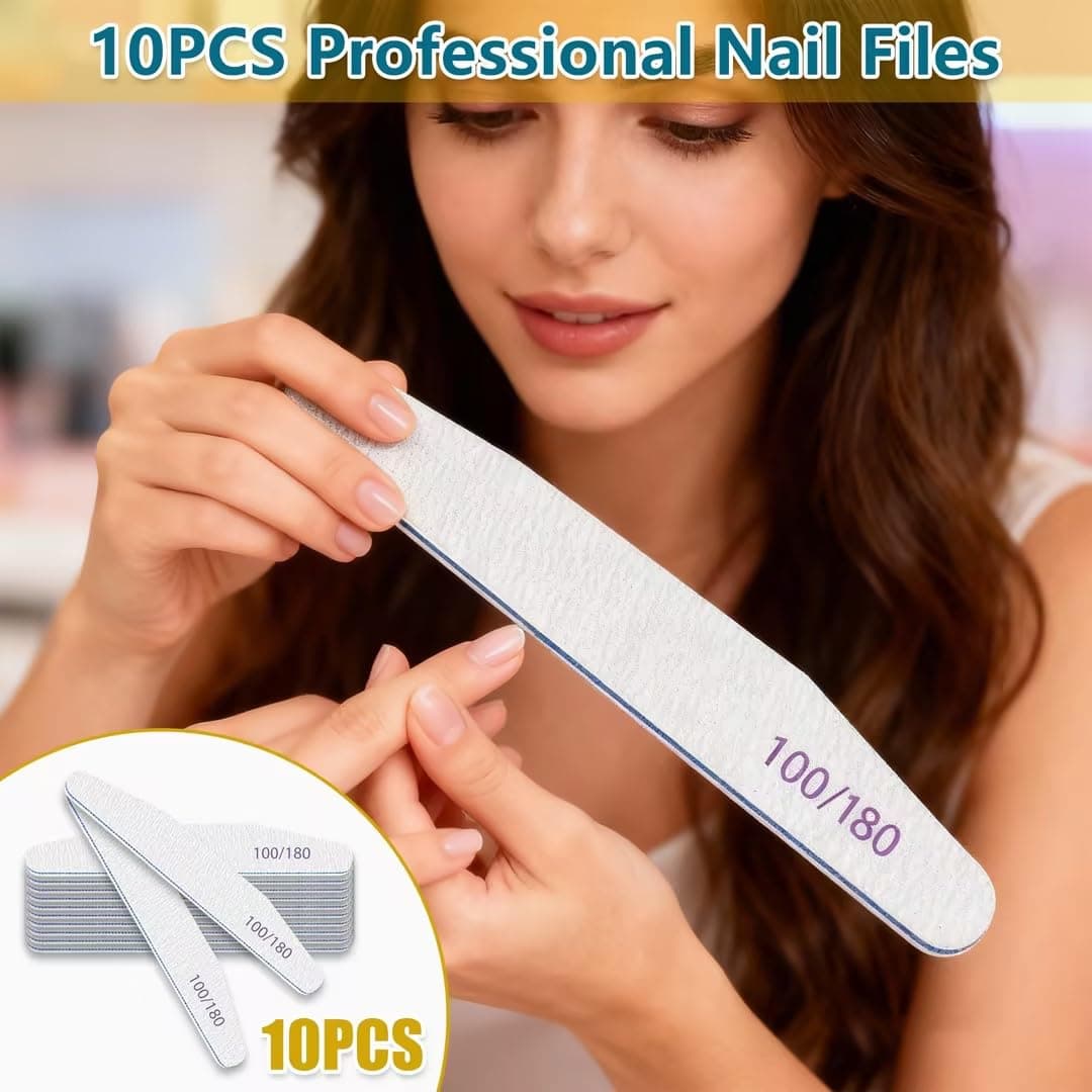 elzle 10 PCS Professional Nail Files Set, 100/180 Grit Double-Sided Washable Emery Board Nail File, Manicure Pedicure Pet Grooming Tools for Home and Salon Use, Half-Moon (White) — view 7