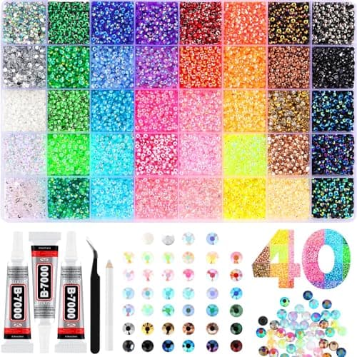 40 Colors Resin Rhinestones for Bedazzling, 32000 Pieces Flatback Gems 3mm, Craft Supplies with 3 Tubes B7000 Glue for Clothing, Shoes, Nail Art, DIY Jewelry Making, Diamond Art