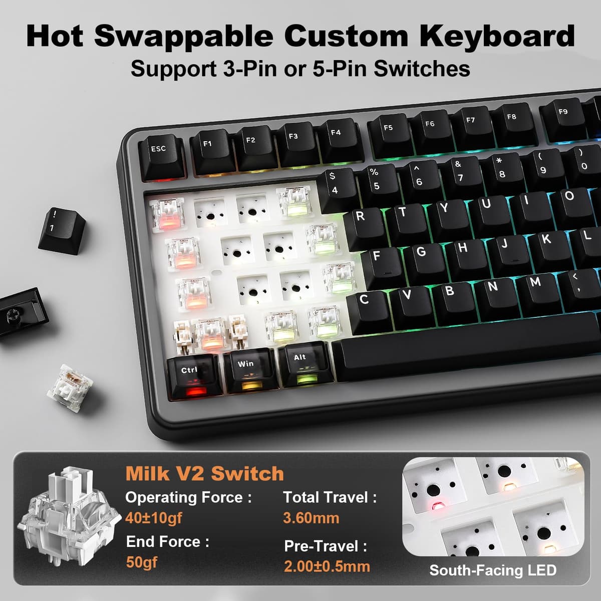 YUNZII B75 Pro MAX Teclado Mecánico Inalámbrico, Diseño 75% con Pantalla TFT y Control Giratorio, Hot Swap, QMK/Via, RGB, BT/USB-C/2,4G para Win/Mac (Negro, Milk V2 Switch) — view 5