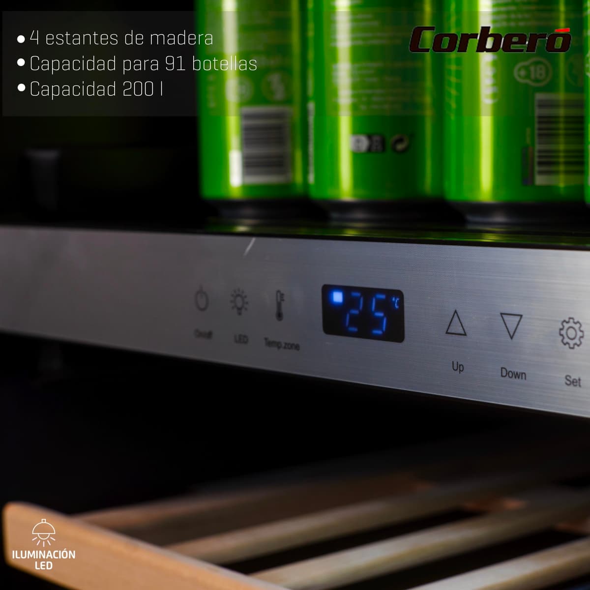 Corberó - Vinoteca CFKWC91SWDZ | 200L | 91 Botellas | Estático Con Ventilador | Doble Zona | Nevera para vino con Luz LED | 4 Estantes de Madera | 45Db | Negro Puerta Cristal — view 4