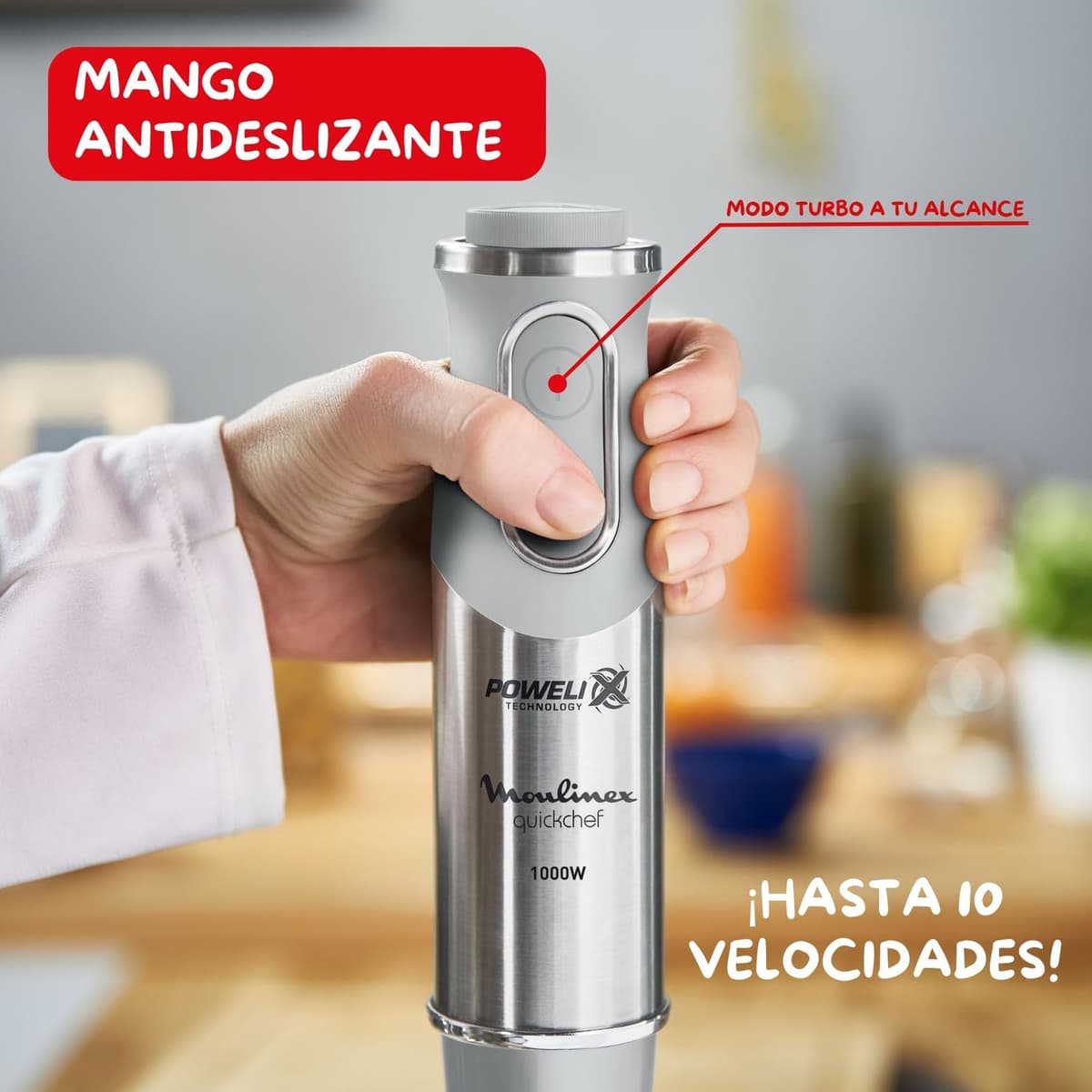 Moulinex Quickchef, Batidora de mano, Potencia de 1000 W, Cuchillas Powelix, 20 velocidades variables y modo turbo, Incluye picadora 500 ml, vaso medidor 800 ml y varillas, Gris, DD655DES — view 4