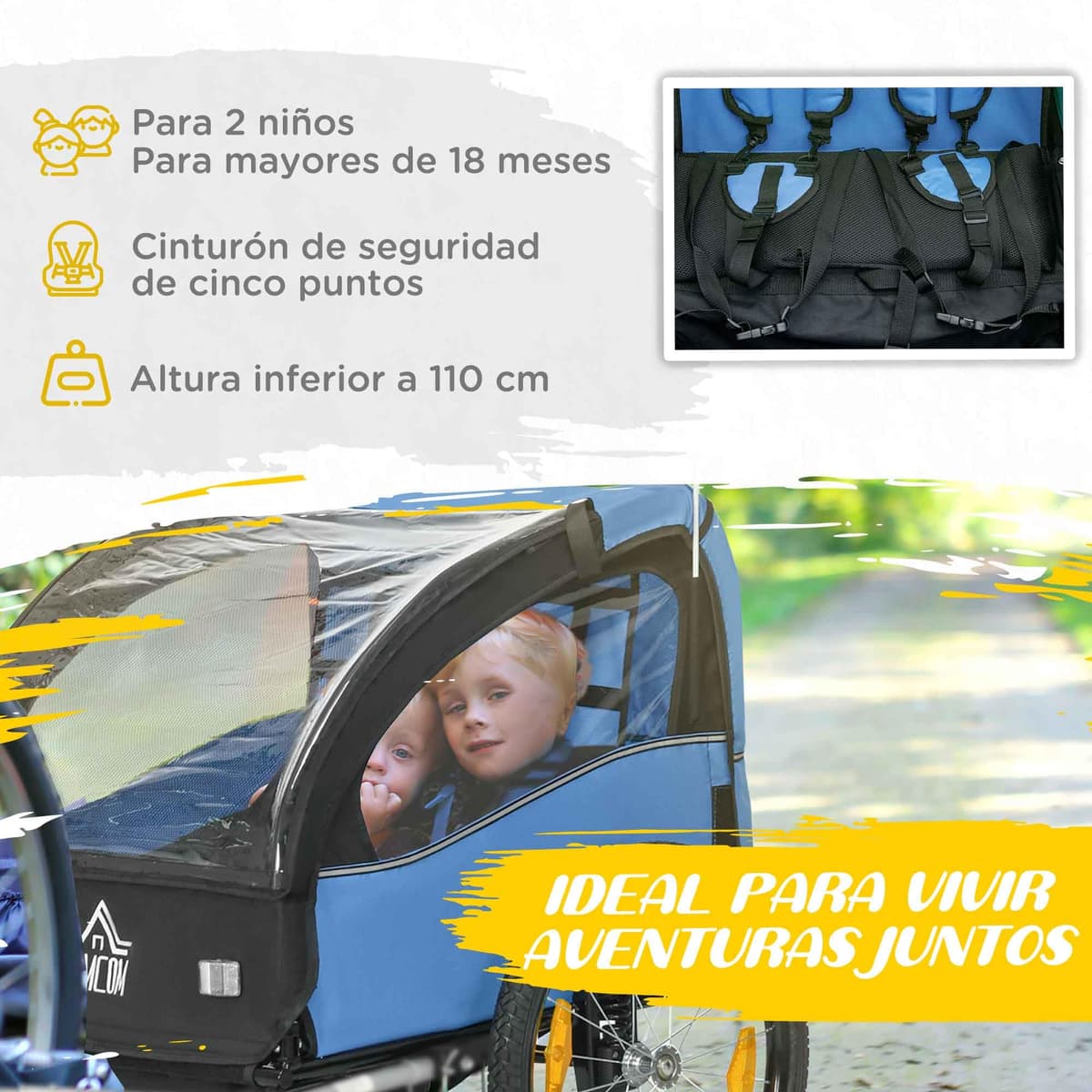 HOMCOM Remolque de Bicicleta para Niños +18 Meses Cochecito para Transporte de 2 Plazas con Cinturón de Seguridad Espacio de Almacenamiento y Sistema de Amortiguador 140x88x90 cm — view 5
