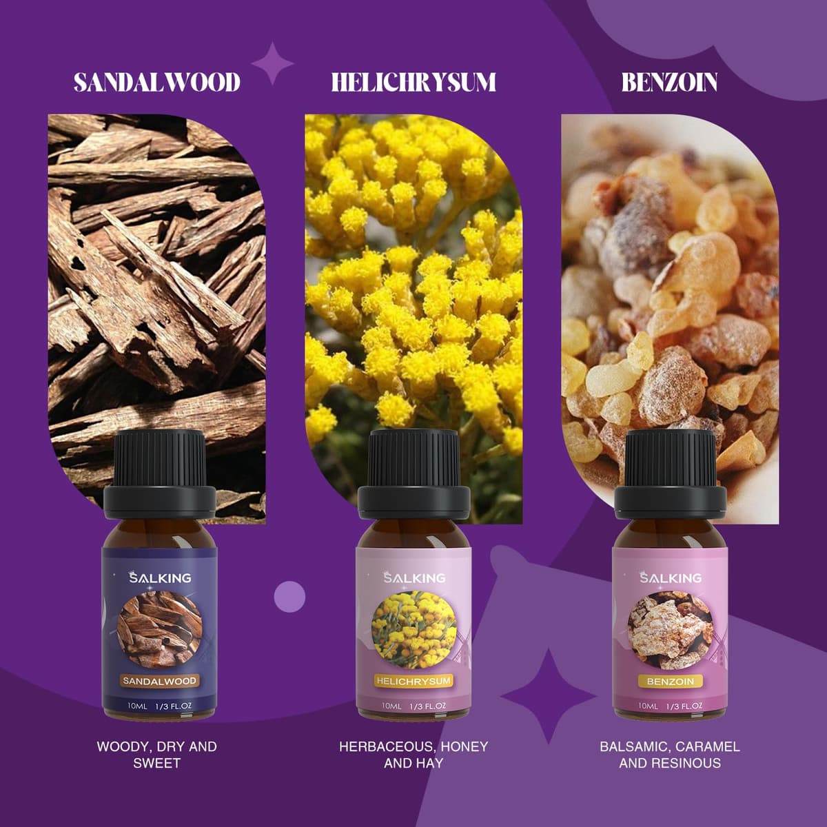 SALKING Juego de Aceites Esenciales para Dormir - Aceites Puros y Naturales para Humidificadores y Difusores - Lavanda, Vetiver, Sándalo, Valeriana, Helicriso, Benjuí — view 4