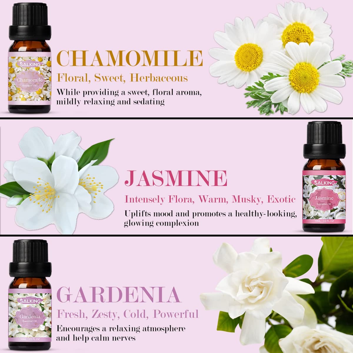 SALKING Flores Aceites Esenciales para Humidificador Difusor 6 x 10 ml,100% Puro Aceites Esenciales Naturales Aceite Perfumado - Lavanda,Rosa, Jazmín, Gardenia, Manzanilla, Flor de cerezo — view 4