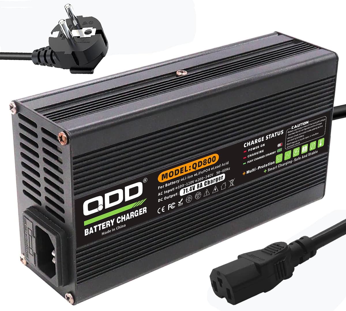QDD Cargador 71.4V 8A para batería Li-ION 60V, carcasa de aluminio negro, salida CC, conector C13N+L-, compatible con baterías de litio 17S 60V — view 2