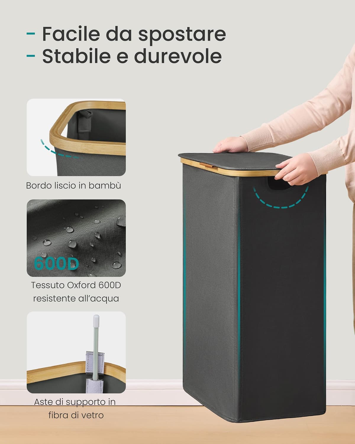SONGMICS Cesto de Ropa con Tapa, Recogedor de Colada, Tejido de Oxford, Plegable, Marco de Bambú, Lavadero, Dormitorio y Salón, 100 L, 42 x 32 x 70,5 cm, Gris Pizarra LCB518GN01 — view 5