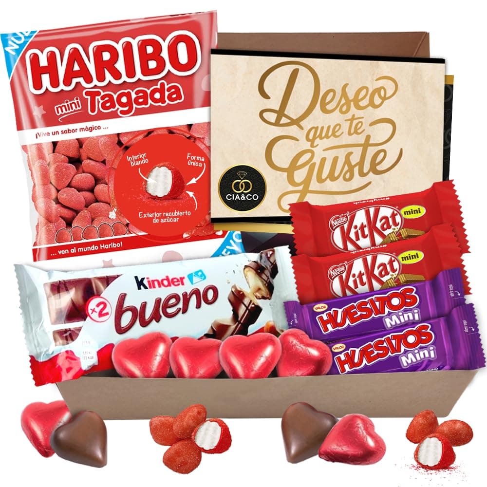 Cajita para Regalo con Chocolate Kinder Bueno, Bombones en forma de Corazon Rellenos, Kit Kat, Huesitos, Gominolas, y Mucho Más · Día de la Madre · Con Tarjeta y Texto Personalizada