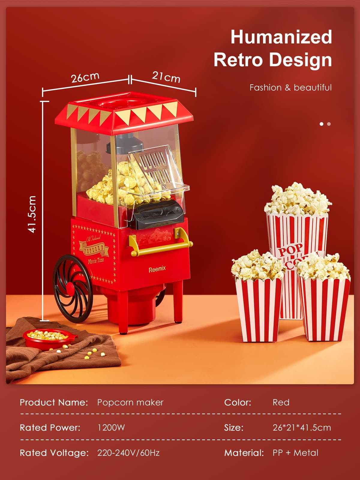 Popcorn Maker, Reemix Popcorn Machine, Retro Design, 1200W Popcorn Machine without Oil or Butter, Easy to Use and Clean, Safe and Durable, Ideal for Parties — view 6