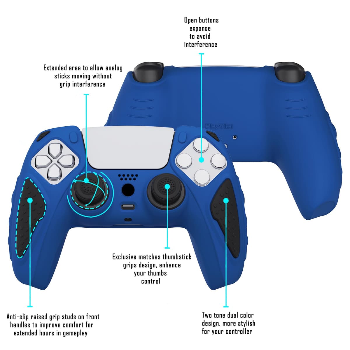 playvital Knight Edition Blue & Black Two Tone Anti-Slip Silicone Cover Skin for ps5 Controller, Soft Rubber Case for ps5 Wireless Controller with Thumb Grip Caps — view 3
