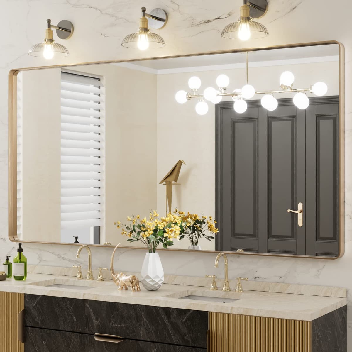 LOAAO 48”X36” Gold Bathroom Mirror, Rounded Rectangle Gold Frame Mirror, Brushed Gold Bathroom Vanity Mirror Wall-Mounted, Anti-Rust, Tempered Glass, Hangs Horizontally or Vertically — view 104