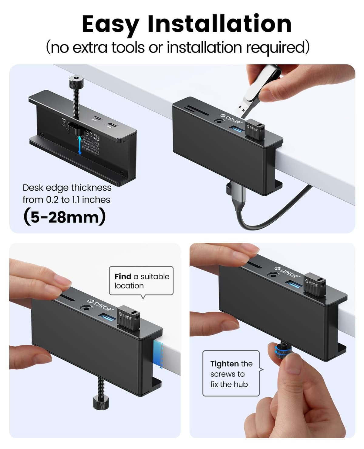 ORICO USB Hub 3.0, Clamp USB Hub with Extra Power Port, Aluminum USB C Adapter with 2 USB-A Data Ports,3.5mm AUX, SD/TF Card Reader for Desktop(Black) — view 8