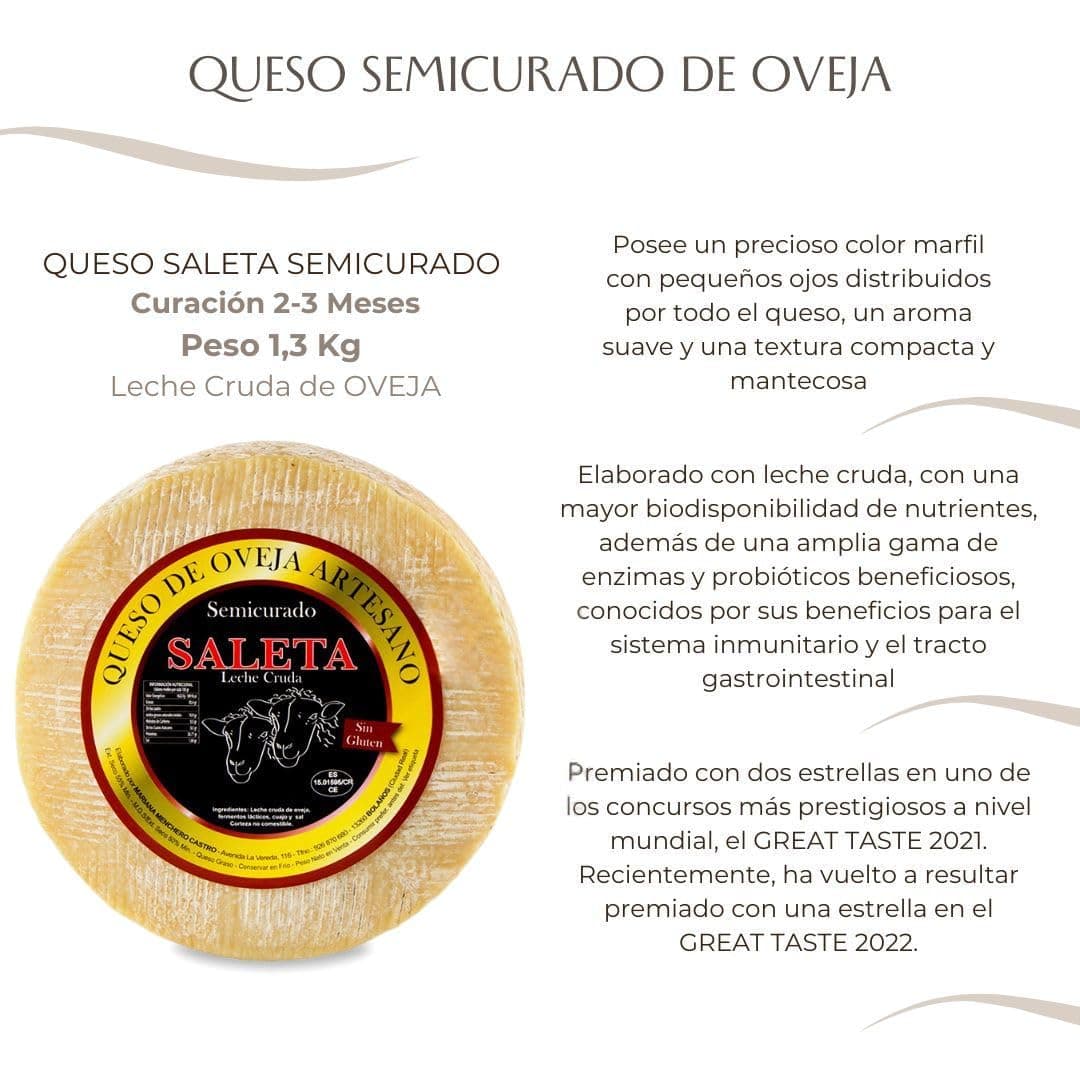 SALETA® Queso Semicurado Entero de oveja Gourmet (1,3 Kg) | Elaboracion Artesana Quesos de La Mancha | Quesos de leche de oveja | Caja Gourmet para regalar | Queso Gourmet Regalo — view 2