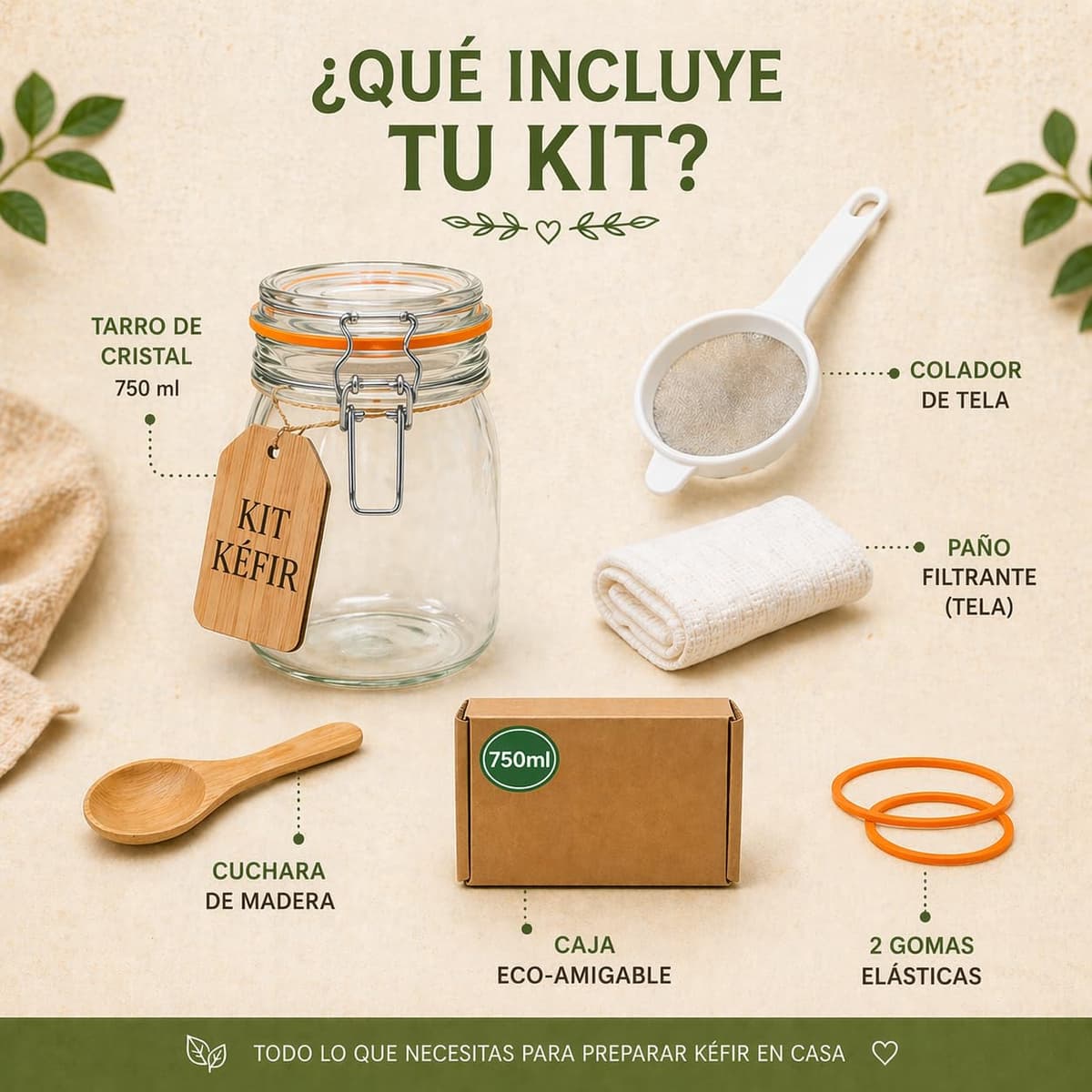 Kit kefir casero - MAGIC RAINBOW - Tarro de cristal con tapa 750 ml colador plástico cuchara madera paño textil y caja de inicio para preparación doméstica - Sin kéfir incluido — view 2