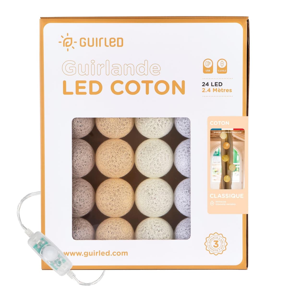GuirLED - Guirnalda luminosa bolas de algodón LED USB- Luz de noche para bebé 2h - Adaptador de corriente dual USB 2A incluido - 3 intensidades - 16 bolas 1,6m - Byzantin — view 45