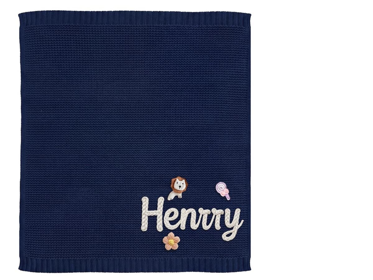 CGFN Personalised Baby Blanket with Name for Newborn Boys & Girls, Pure Knitted Cotton, Unique Christening, Soft Keepsake Blanket 100x80cm (Navy)