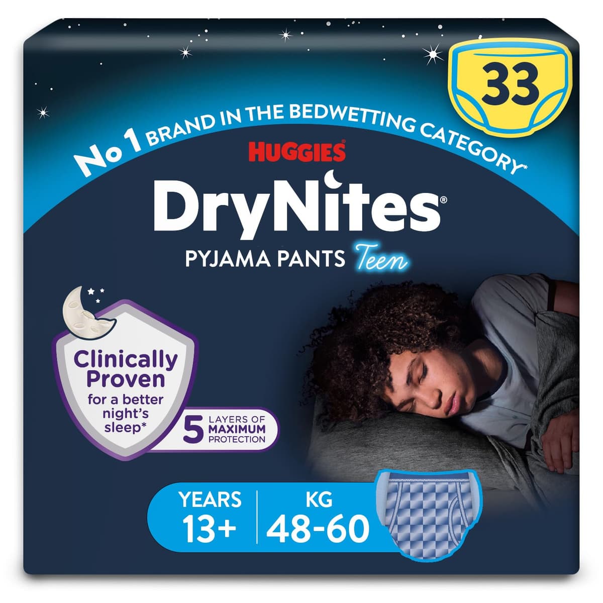 HUGGIES DryNites, Pyjama Pants, Boys 13+ Years (48-60KG), 33 x Bedwetting Pants, Up to 100% Leak Free Nights