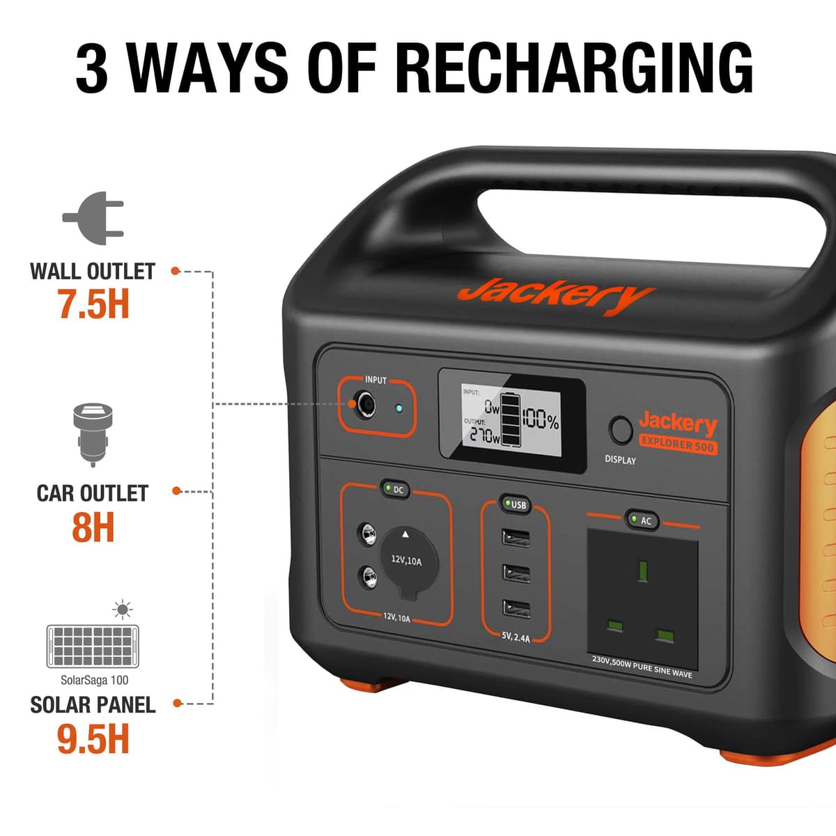 Jackery Portable Power Station Explorer 500, 518Wh Outdoor Backup Mobile Lithium Battery Pack with 230V/500W AC Outlet for holiday RV Camping, Outdoor Adventure, Emergency — view 3