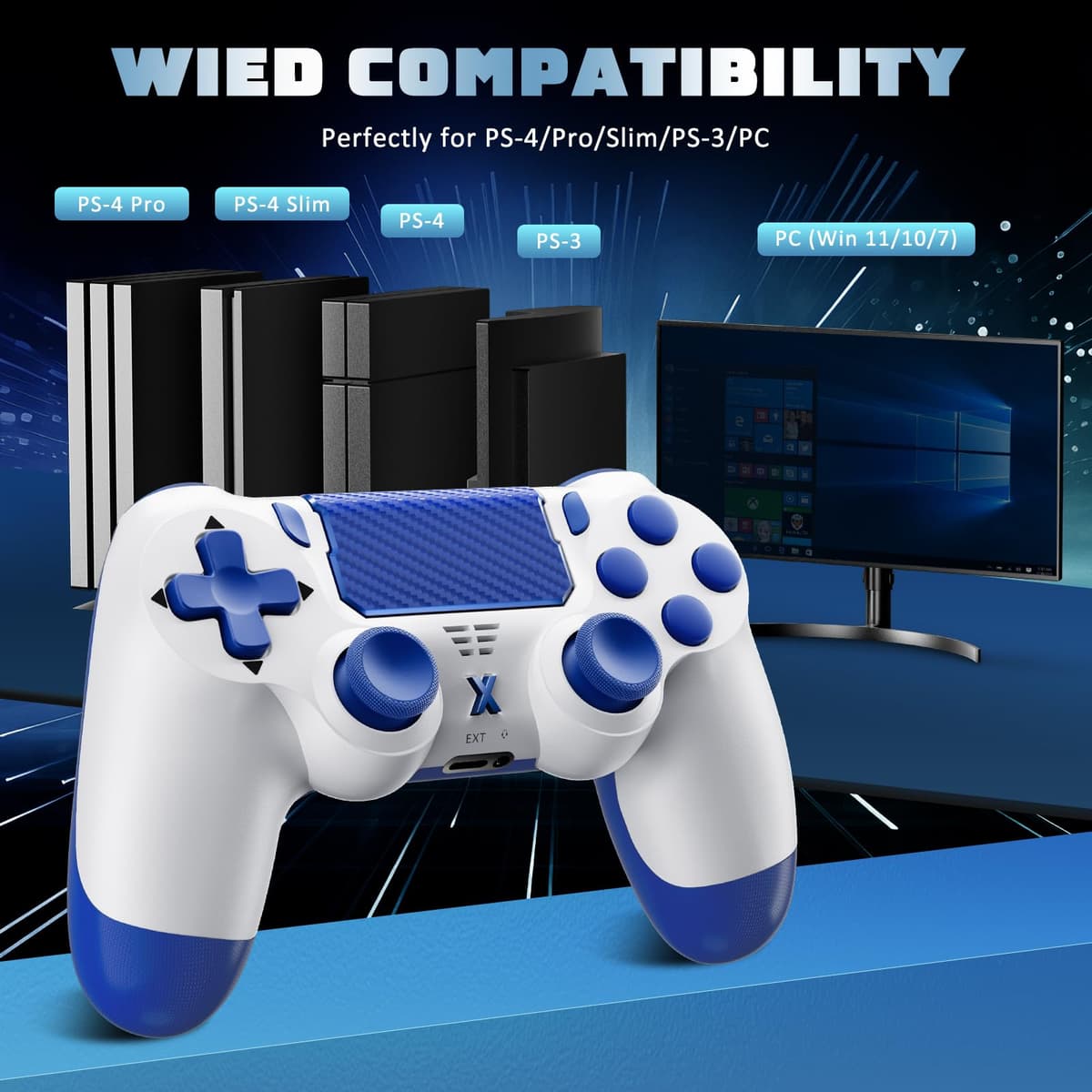 Jeifhxu Wireless Controller for PS-4, Upgraded Controller Wireless for PS-4/Slim/PC, Bluetooth Gamepad Joystick with Dual Vibration/Touch Panel/ 3.5mm Audio Jack/Six-Axis/Ergonomic(Blue) — view 2