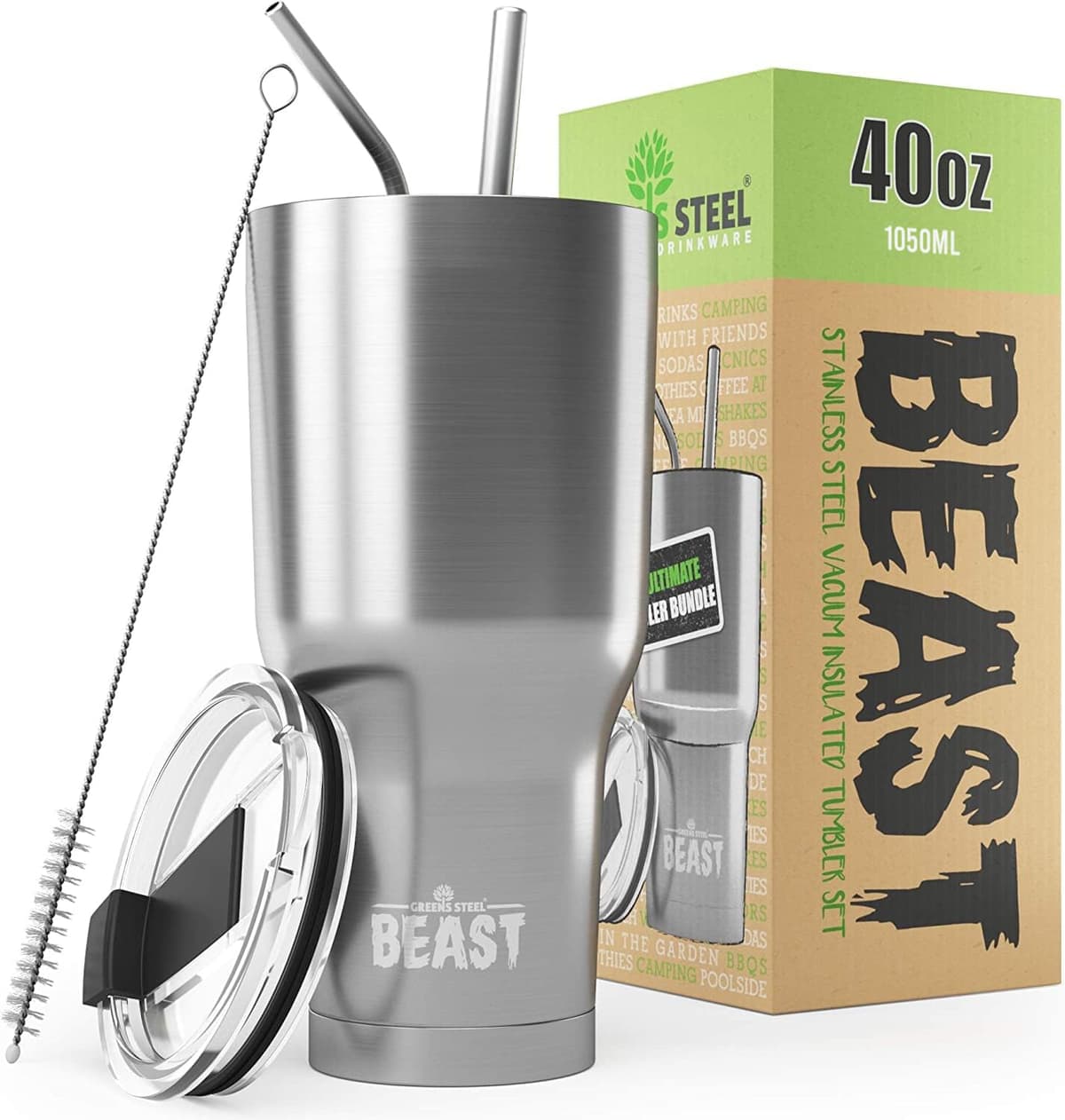Greens Steel Beast Tumbler – 550 ml (20 oz), Coral | Vaso de acero inoxidable reutilizable con aislamiento al vacío | con 2 pajitas y cepillo de limpieza | Termo de viaje de doble pared — view 50